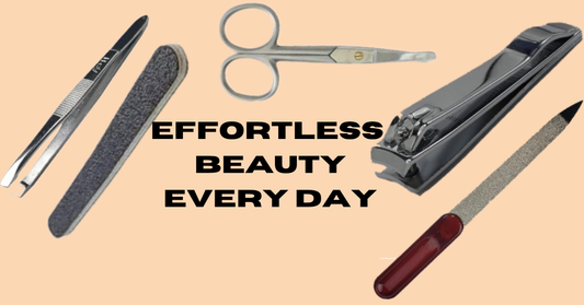 La Cross grooming tools flat-lay on peach background with bold white text reading EFFORTLESS BEAUTY EVERY DAY, promoting professional stainless steel grooming essentials