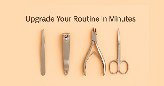 Everyday grooming tools — nail clippers, tweezers, cuticle nipper, and brow scissors on pastel background with text Upgrade Your Routine in Minutes.