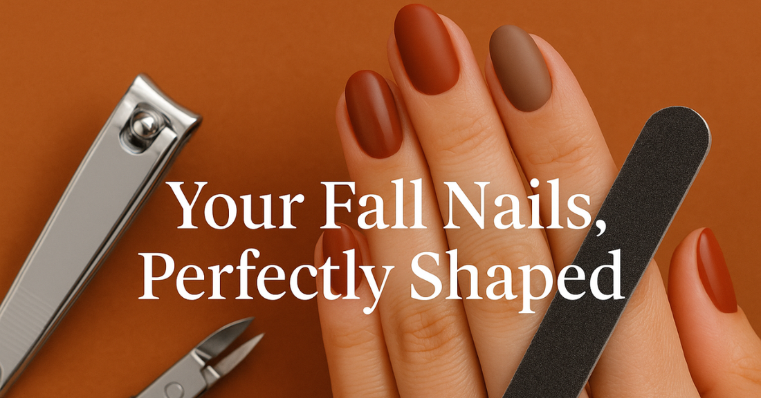 Fall manicure with warm autumn nail colors and La Cross nail tools on an orange background.