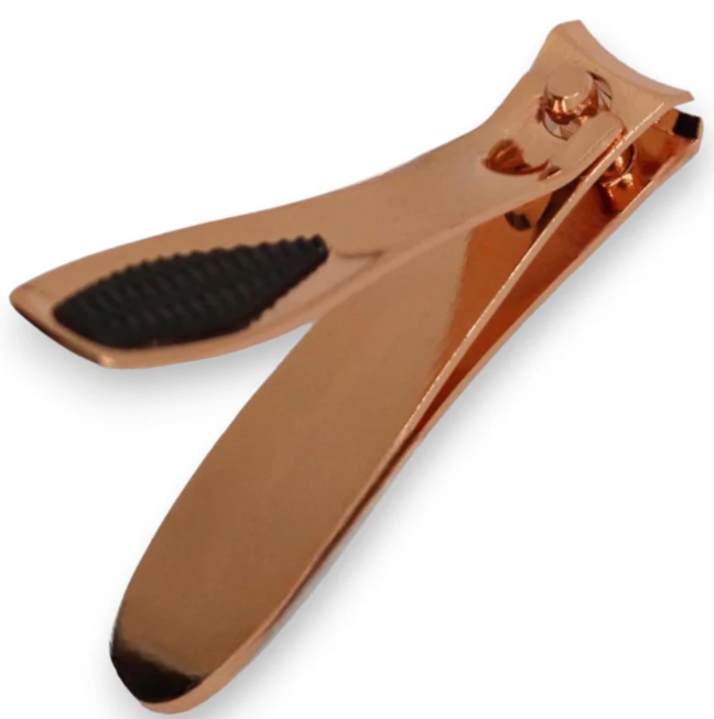 La Cross Rose Gold Fingernail Clipper with ergonomic black grip pads and curved cutting edge