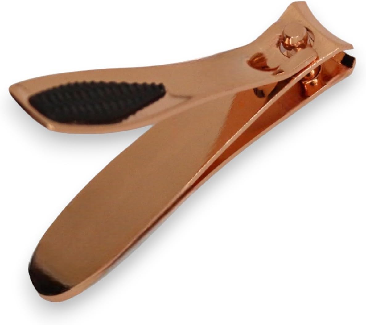 Side view of La Cross Rose Gold Fingernail Clipper with visible curved blade and grip-enhanced lever