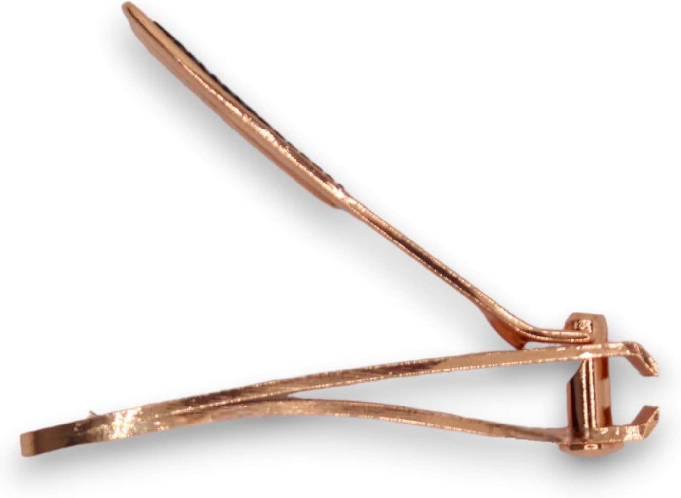 Fully extended view of La Cross Fingernail Clipper highlighting rose gold finish and stainless steel construction