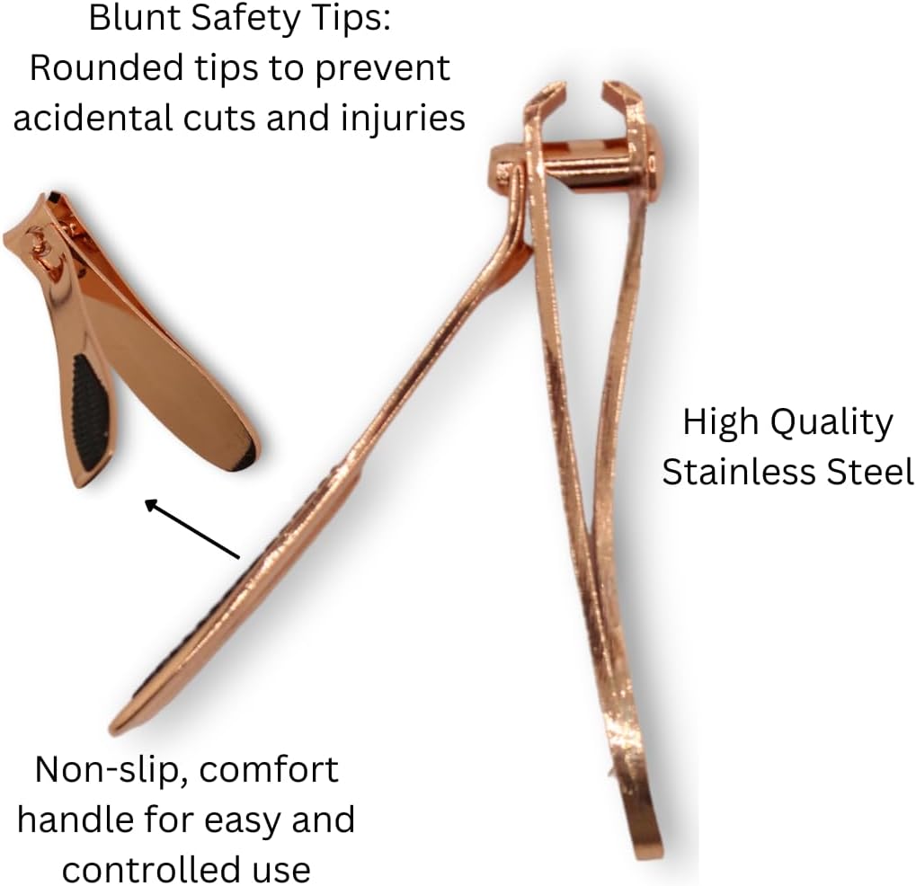 La Cross Rose Gold Clipper infographic showing high-quality materials, built-in safety tip, and ergonomic grip