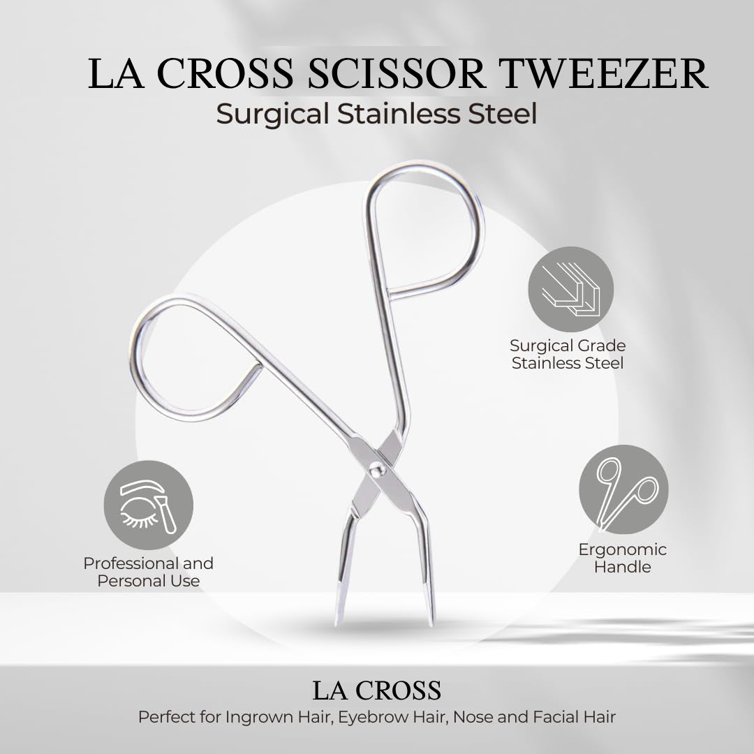 La Cross Scissor Tweezer made of surgical stainless steel with ergonomic handle, shown with icons highlighting professional use and suitability for eyebrow, nose, and facial hair grooming