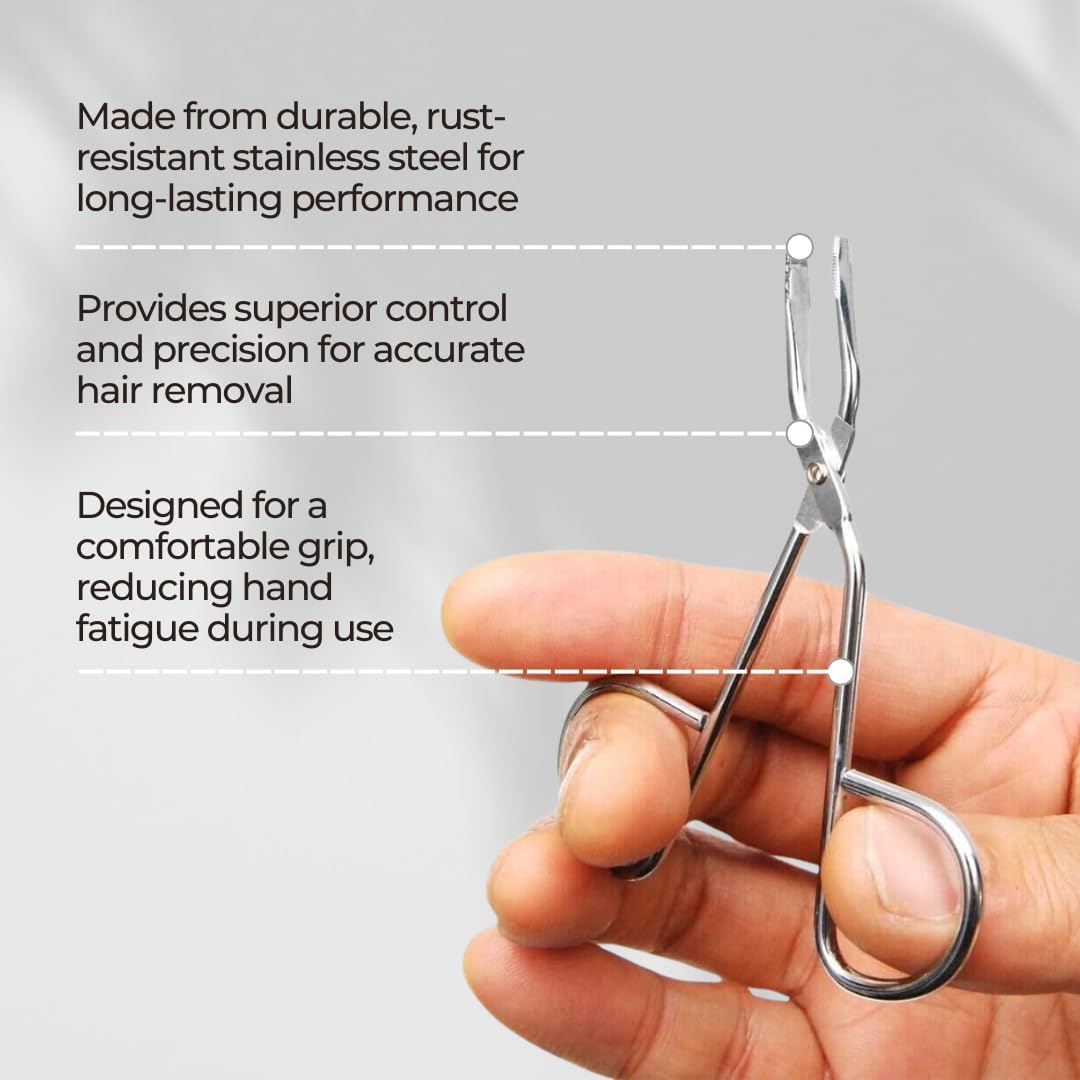 La Cross Scissors Tweezers on display with labeled callouts showing grooming benefits and stainless steel construction