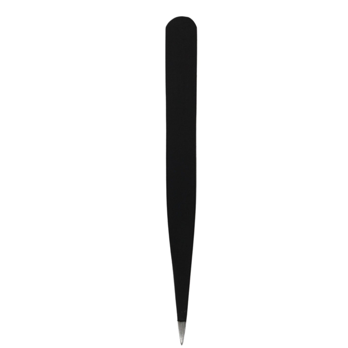 Top-down view of black La Cross pointed tweezer highlighting fine, tapered stainless steel tip