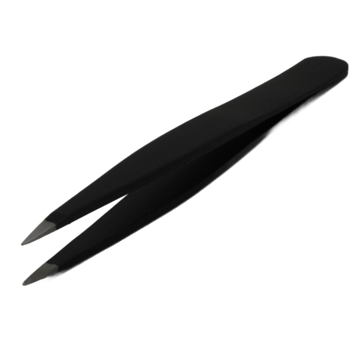 Angled view of La Cross black pointed tip tweezer in slightly open position for detail work display