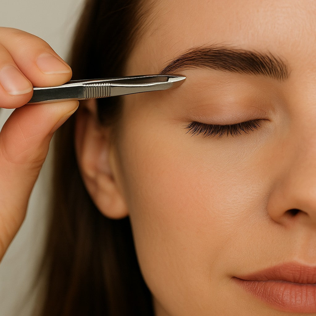 Woman using La Cross Straight Tip Tweezer to pluck eyebrow hair, demonstrating precision and contro
