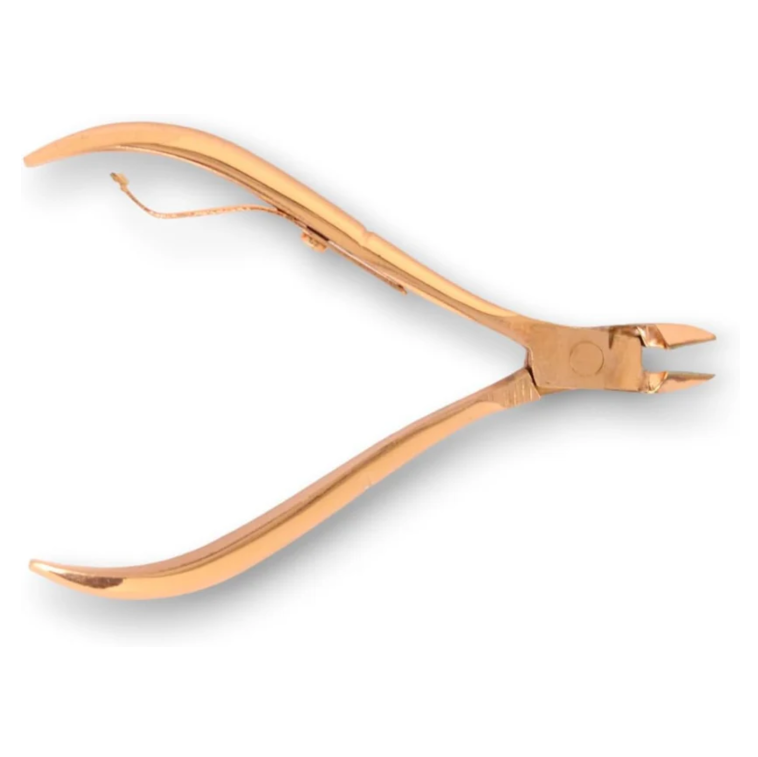 La Cross Rose Gold Cuticle Nipper with ergonomic handles and precision tips shown in full open position.