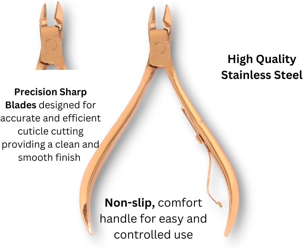 La Cross Rose Gold Cuticle Nipper with labeled features including precision sharp blades, high-quality stainless steel, and a non-slip comfort handle for accurate and efficient grooming.