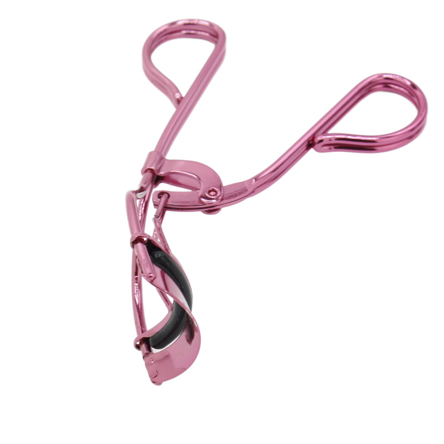Side profile of pink La Cross eyelash curler highlighting its contoured frame and stainless steel lash pad.