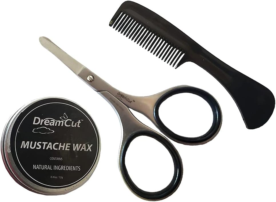 La Cross facial hair grooming set featuring stainless steel scissors, black comb, and mustache wax on light background