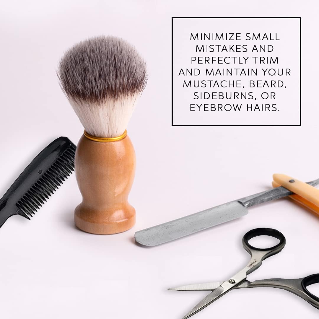 La Cross grooming scissors and comb beside shaving brush and razor in a clean, masculine grooming setup