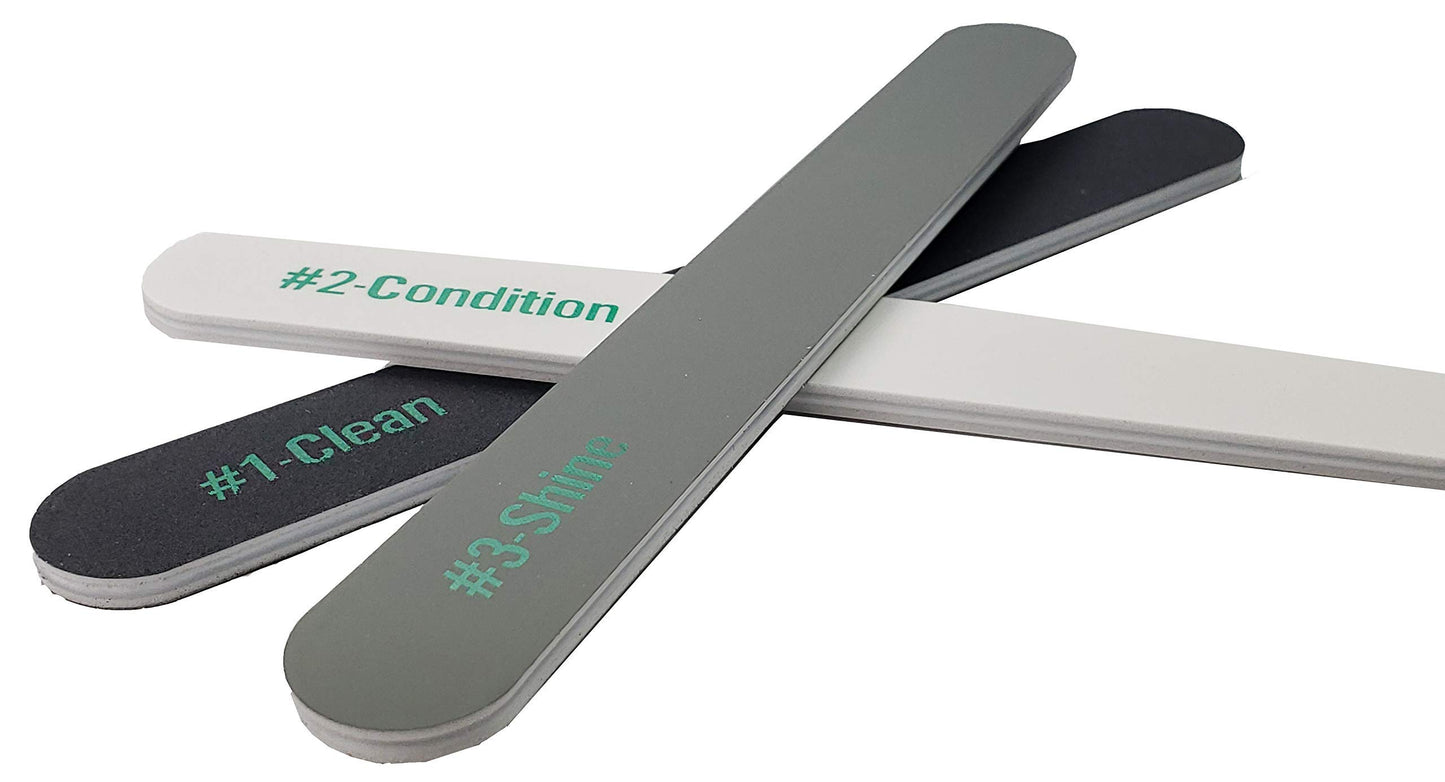 Three-piece La Cross nail buffer kit designed for natural shine with labeled sides #1 Clean, #2 Condition, #3 Shine