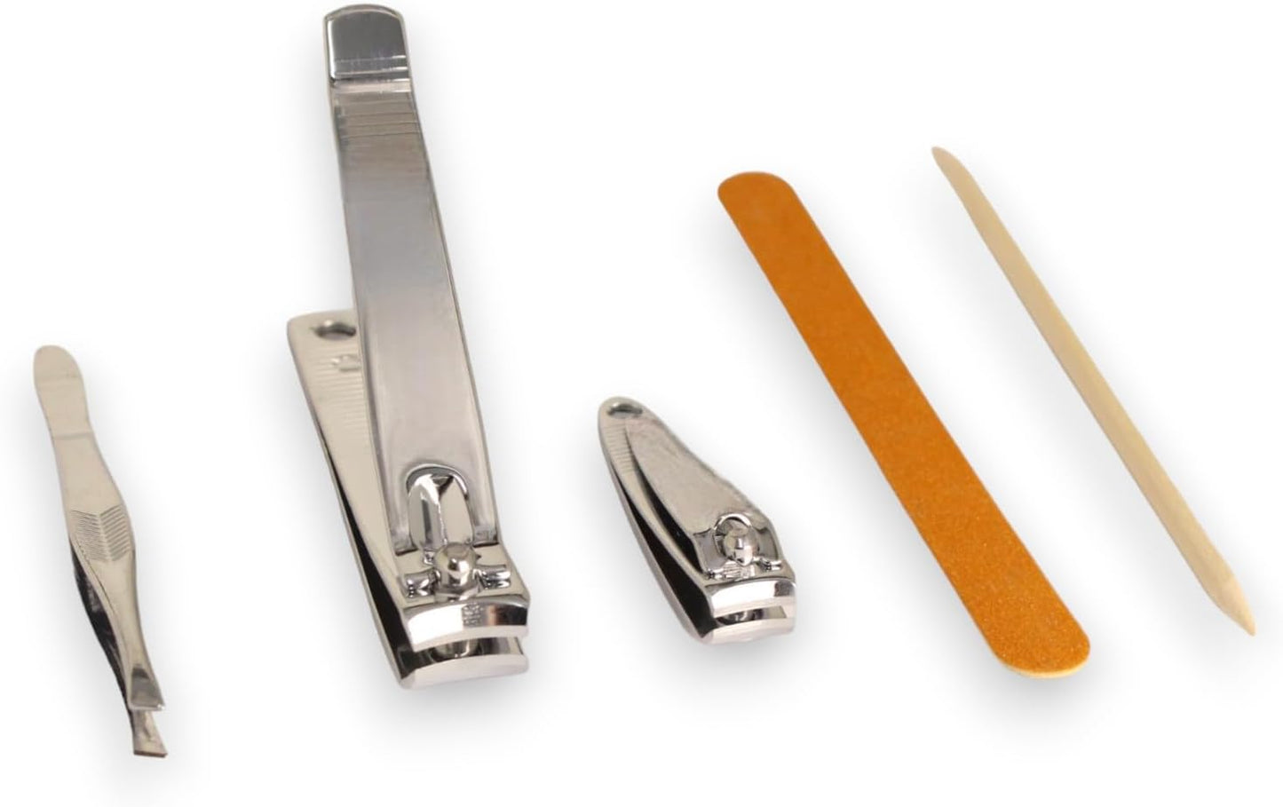 La Cross nail grooming tools arranged diagonally for display with emphasis on stainless steel construction