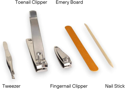La Cross grooming kit tools labeled individually for identification – toenail clipper, fingernail clipper, tweezer, emery board, and nail stick