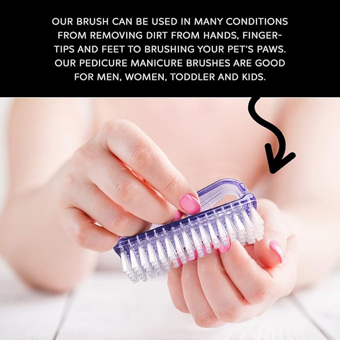 Hand using La Cross Nail Brush to clean fingernails with soft bristles, shown in grooming context with text overlay