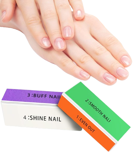 Hands with natural glossy nails next to a 4-step nail buffer block labeled Even Out, Smooth Nail, Buff Nail, and Shine Nail in color-coded sections