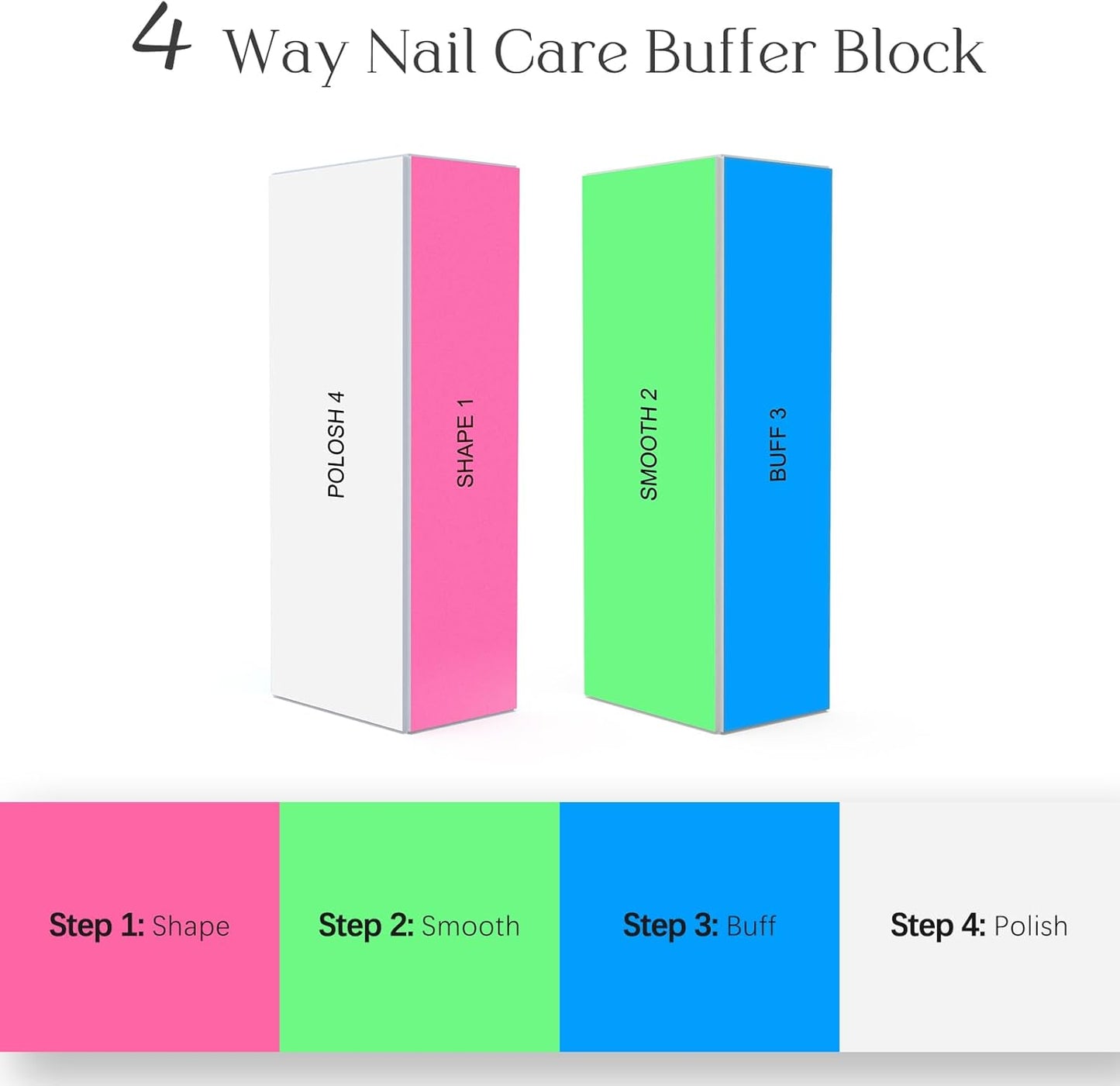 La Cross 4-Way Nail Care Buffer Block with color-coded steps: Step 1 Shape (pink), Step 2 Smooth (green), Step 3 Buff (blue), Step 4 Polish (white), shown with step-by-step usage guide