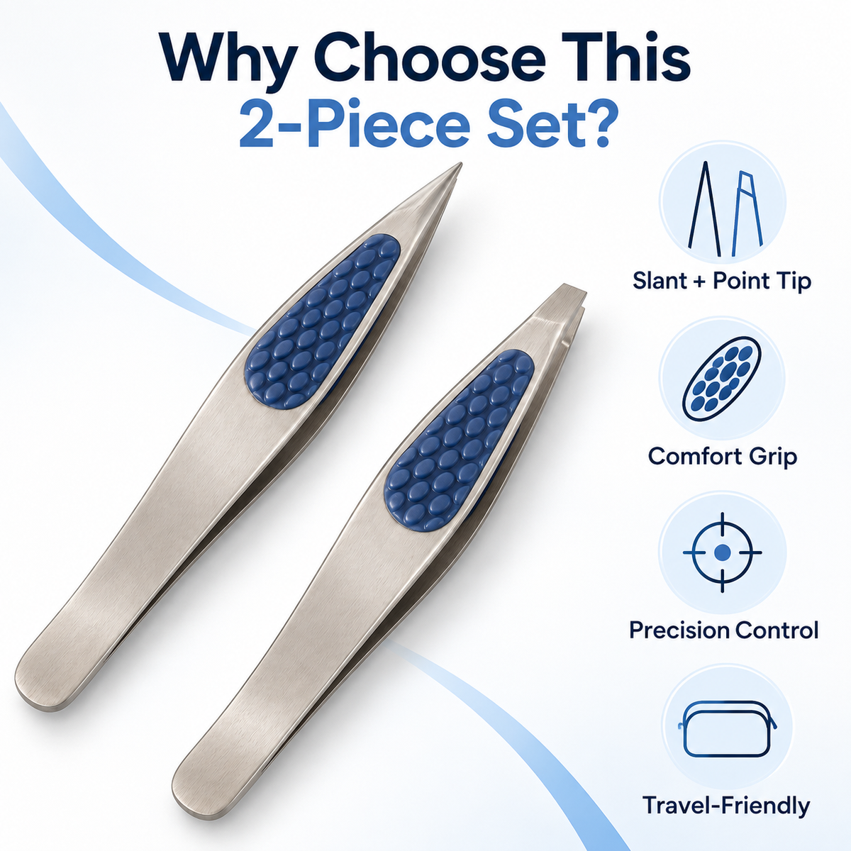 Slant & Point Tip Tweezer Set – 2 Pack Stainless Steel Comfort Grip