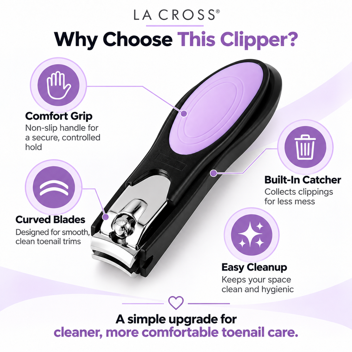 Toenail Clipper with Catcher – Comfort Grip, Curved Stainless Steel Blades