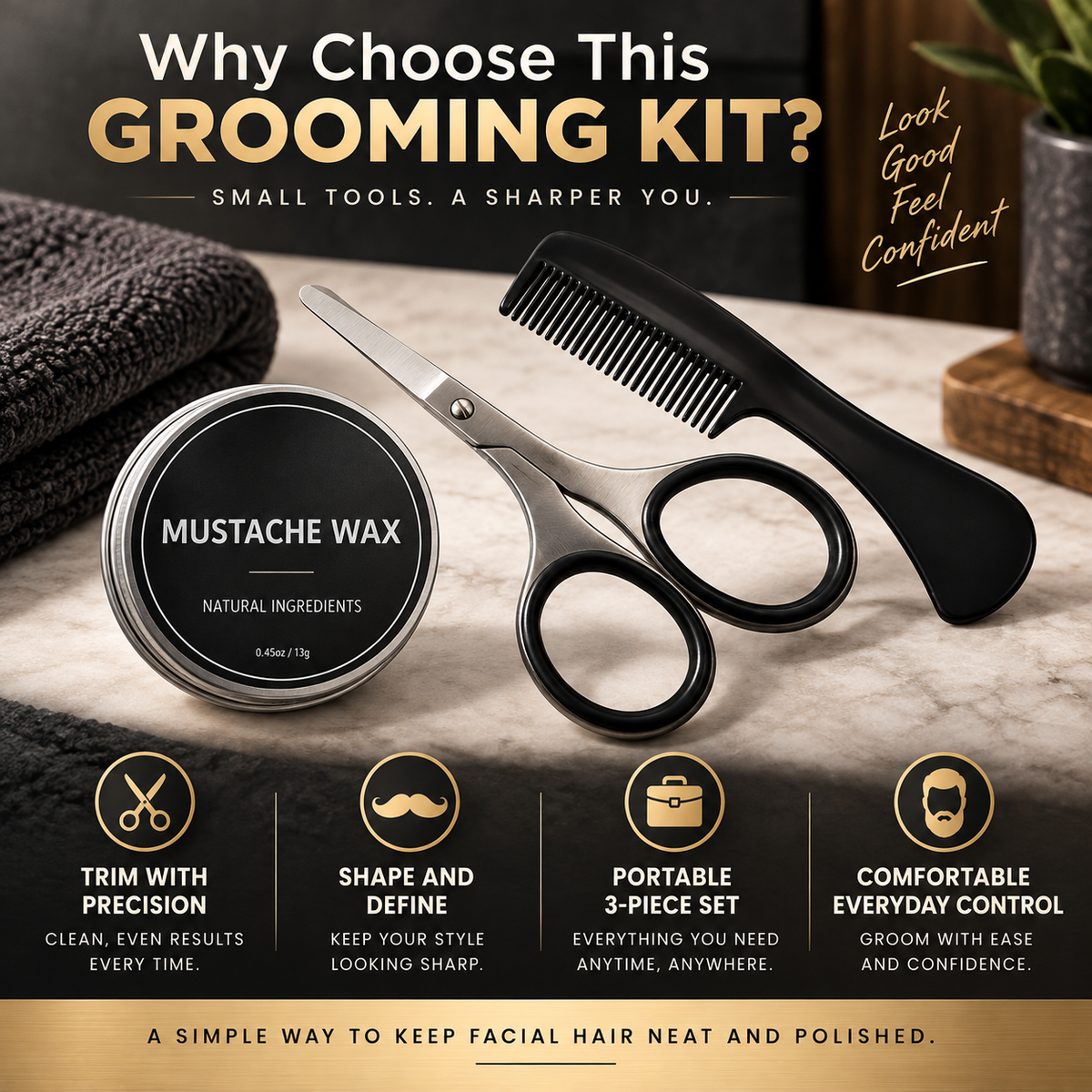Mustache & Beard Grooming Kit – Scissors, Comb & Styling Wax