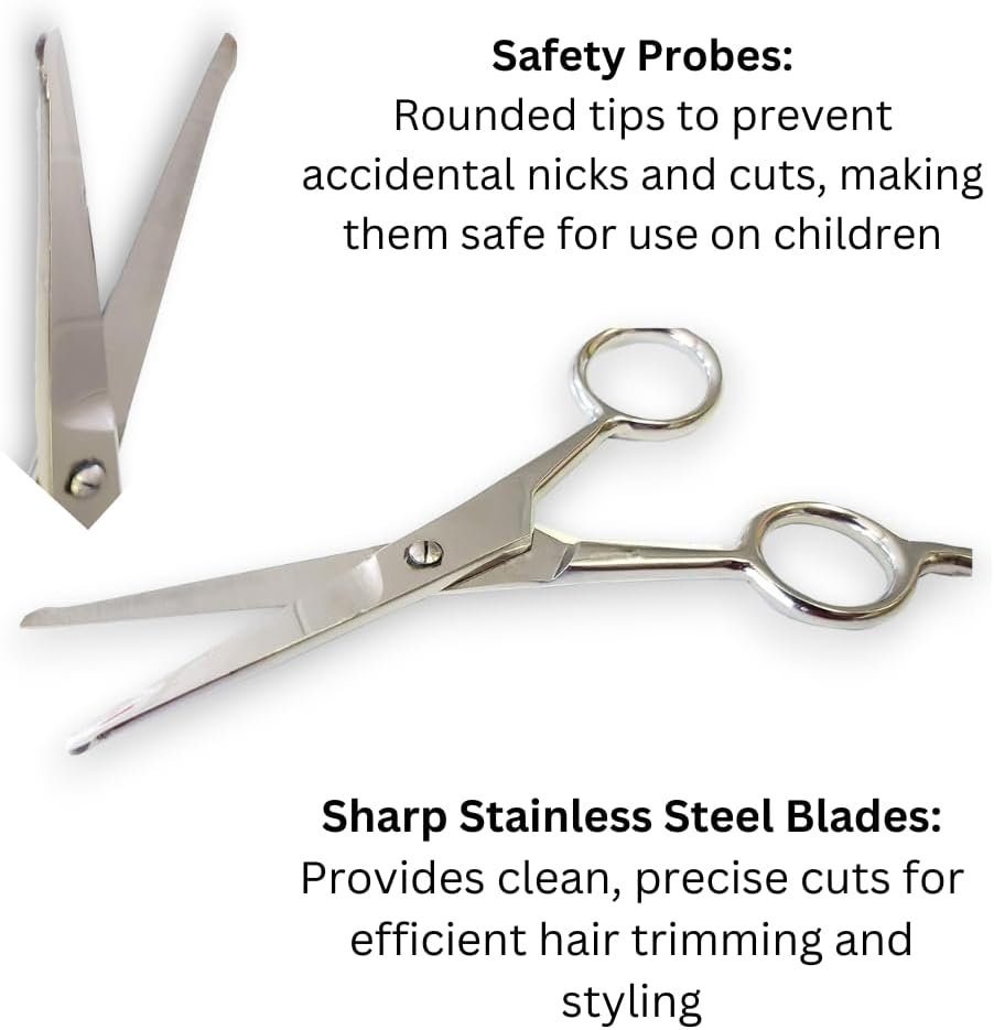 La Cross Babysafe Scissors infographic highlighting safety tips, finger rest, and stainless steel construction