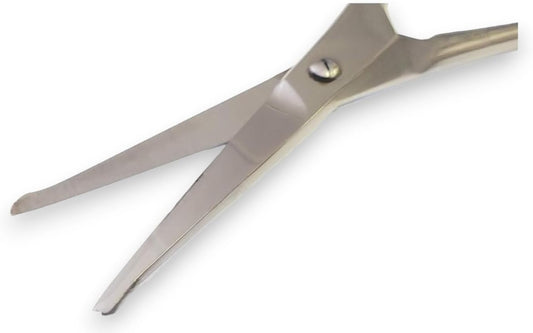 Close-up view of hand-ground surgical stainless steel blades with rounded safety tips for gentle trimming