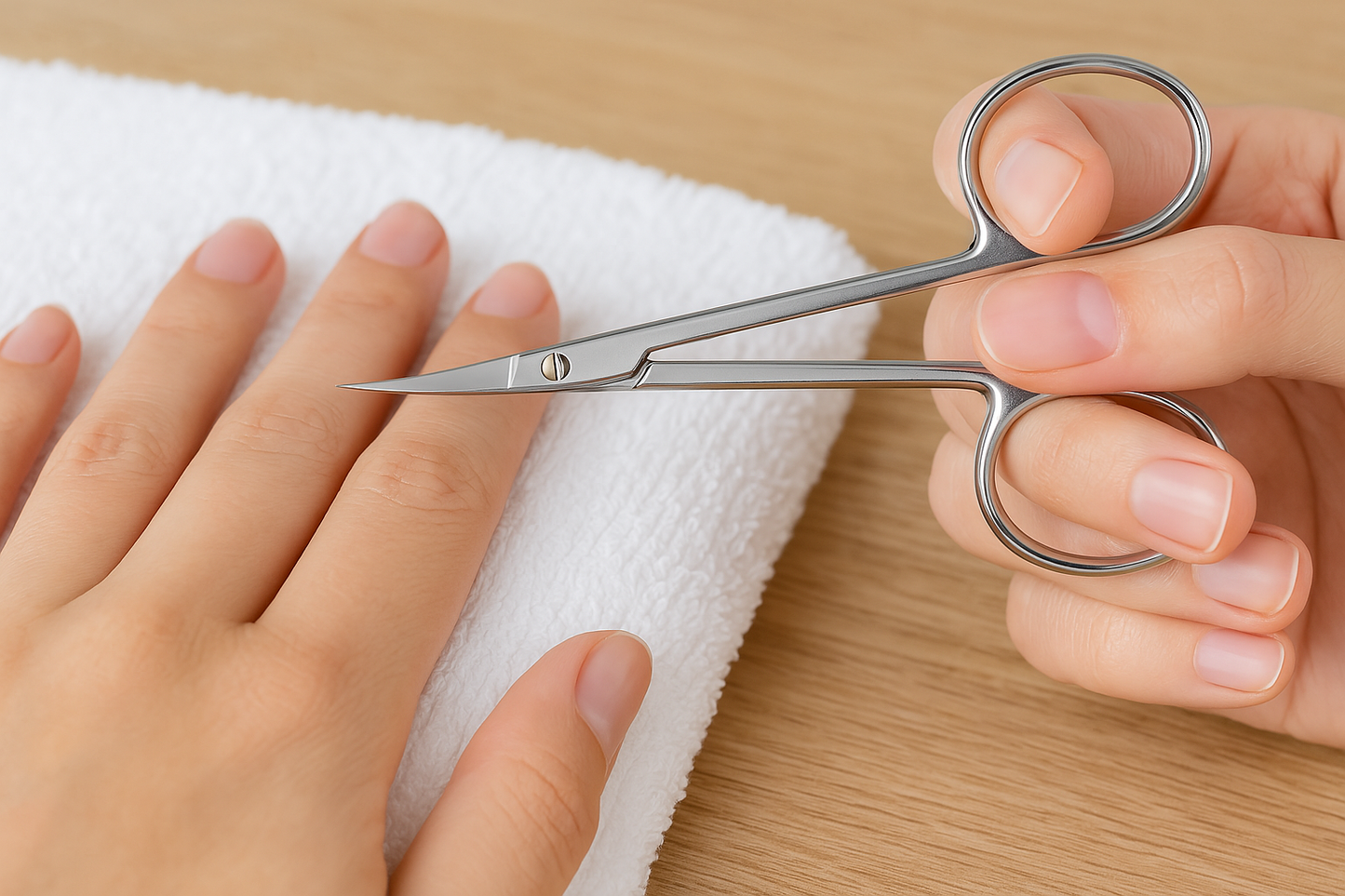 Person using La Cross Professional Cuticle Scissors to trim cuticles on fingernails, demonstrating precision control and curved blade design