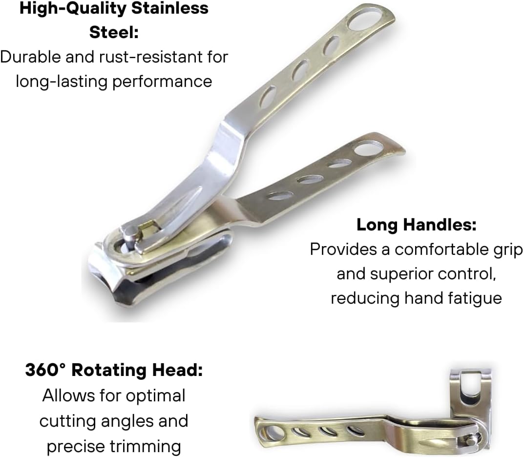 Instructional image displaying clipper features: rotating head, ergonomic handle, and premium stainless steel benefits.