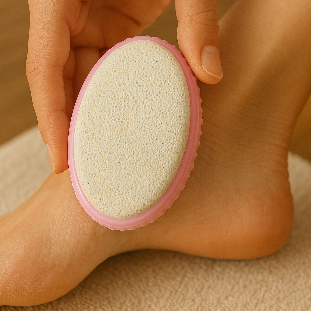 Person using La Cross pumice stone on heel to exfoliate callused skin during foot care