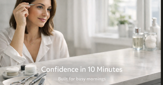 Professional woman using grooming tools in a minimalist bathroom, representing a fast 10-minute morning grooming routine with LA Cross.