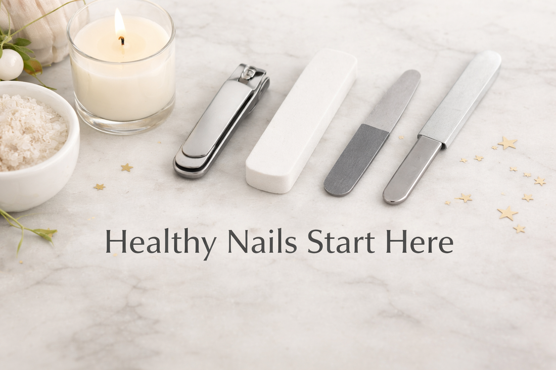 Healthy nail care tools including nail clippers, buffer, and files arranged on a marble spa background for a New Year nail health routine.