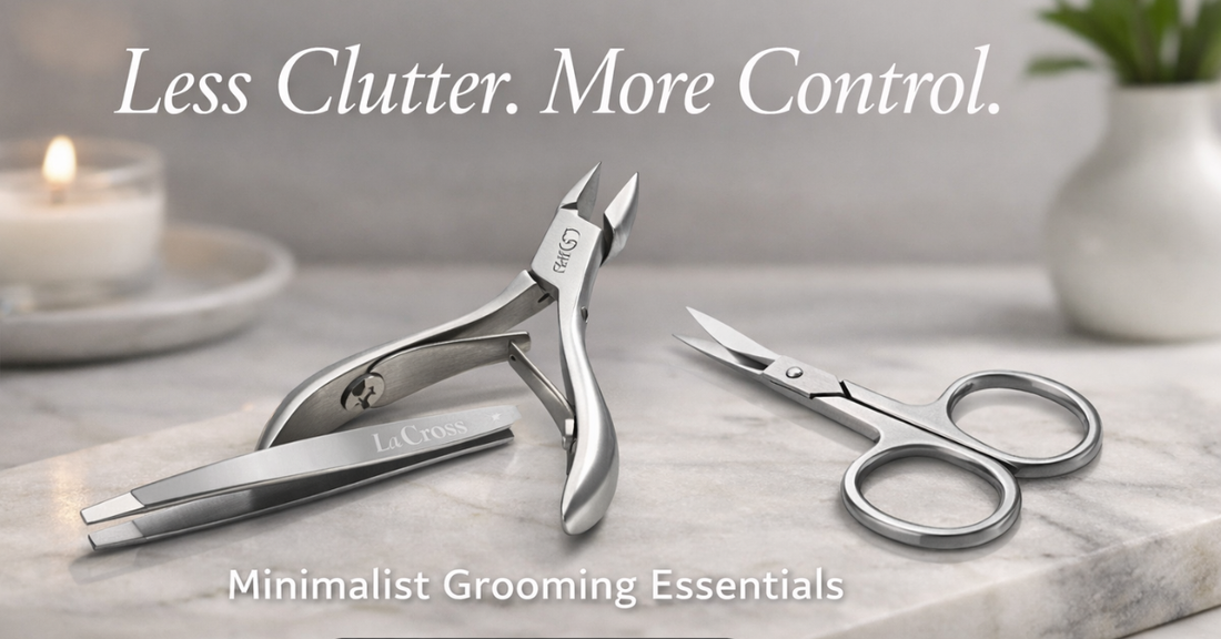 La Cross minimalist grooming tools on a clean vanity surface.