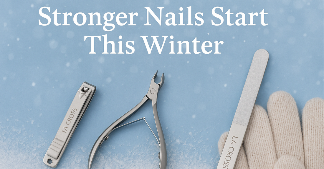 Winter-themed banner showing La Cross stainless steel nail tools—a nail clipper, cuticle nipper, and nail file—arranged on a snowy blue background with cozy gloves, alongside the text ‘Stronger Nails Start This Winter