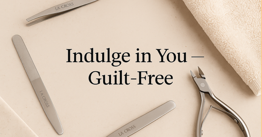 La Cross stainless steel beauty tools on beige background with text ‘LA CROSS — Indulge in You