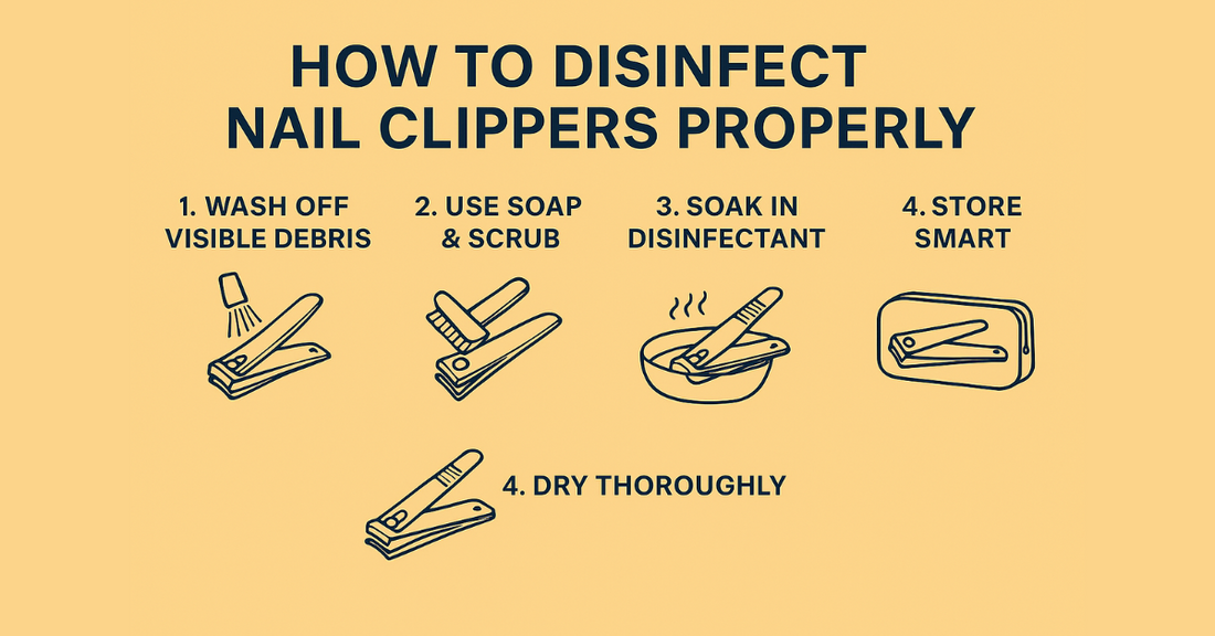 Step-by-step infographic showing how to disinfect nail clippers properly with icons for washing, scrubbing, soaking in disinfectant, drying, and smart storage