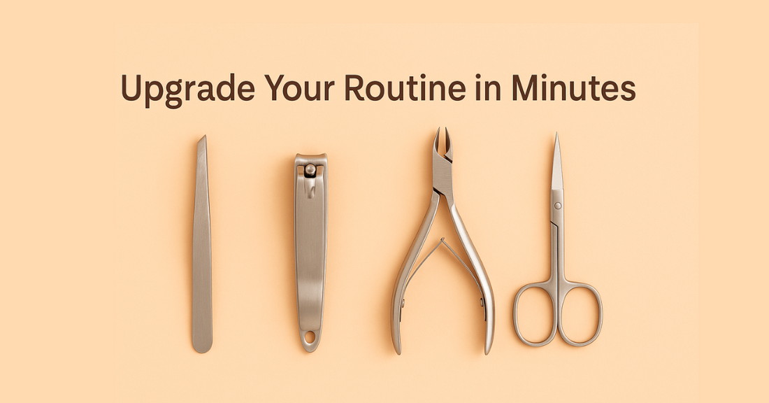 Everyday grooming tools — nail clippers, tweezers, cuticle nipper, and brow scissors on pastel background with text Upgrade Your Routine in Minutes.