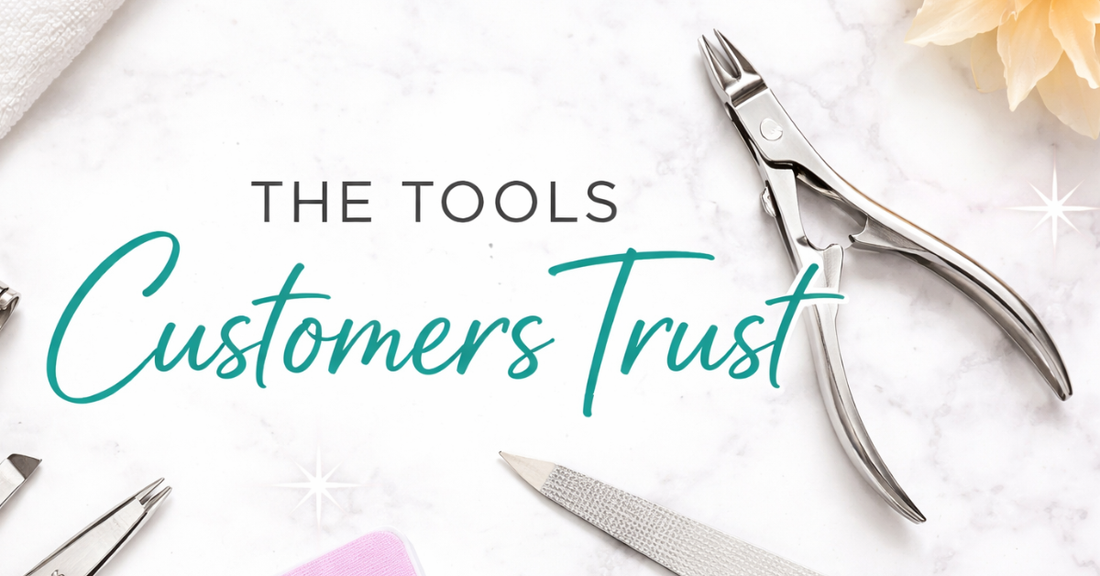 La Cross stainless steel grooming tools arranged on a clean marble background with the text ‘The Tools Customers Trust.