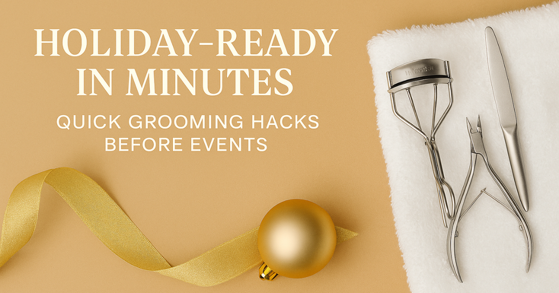 Flat lay of La Cross beauty tools with gold ribbon and holiday background.