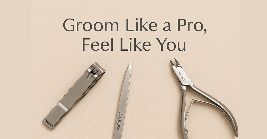 A flat-lay of La Cross stainless-steel beauty tools — nail clippers, tweezers, and cuticle nippers — arranged on a soft neutral background symbolizing clean, professional grooming.