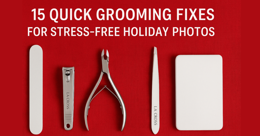 Holiday-themed grooming banner showing La Cross nail clippers, cuticle nippers, tweezers, nail file, and buffer arranged on a red background with the text ‘15 Quick Grooming Fixes for Stress-Free Holiday Photos.
