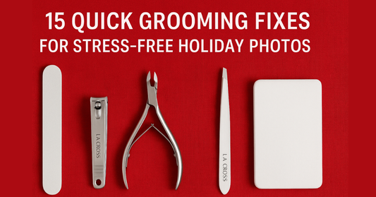 Holiday-themed grooming banner showing La Cross nail clippers, cuticle nippers, tweezers, nail file, and buffer arranged on a red background with the text ‘15 Quick Grooming Fixes for Stress-Free Holiday Photos.