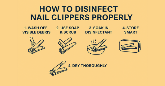 Step-by-step infographic showing how to disinfect nail clippers properly with icons for washing, scrubbing, soaking in disinfectant, drying, and smart storage