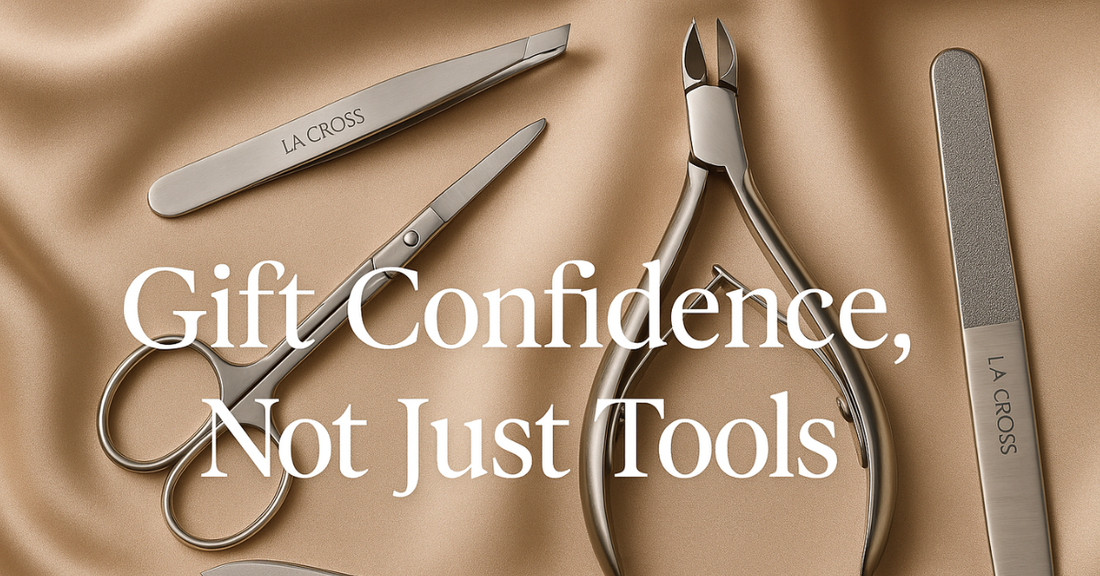Stainless steel grooming tools on satin fabric with the text “Gift Confidence, Not Just Tools.