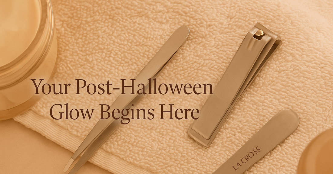 La Cross Beauty grooming tools and skincare jar arranged on a soft beige towel with text “Your Post-Halloween Glow Begins Here” in elegant brown typography.