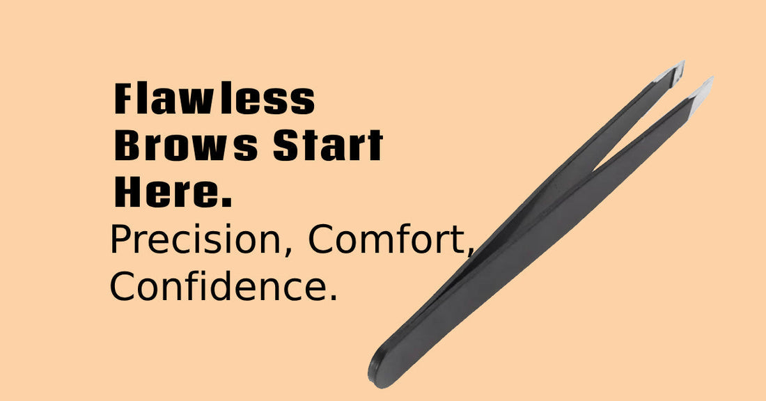 Black precision tweezers on peach background with text promoting flawless brows, precision, comfort, and confidence.