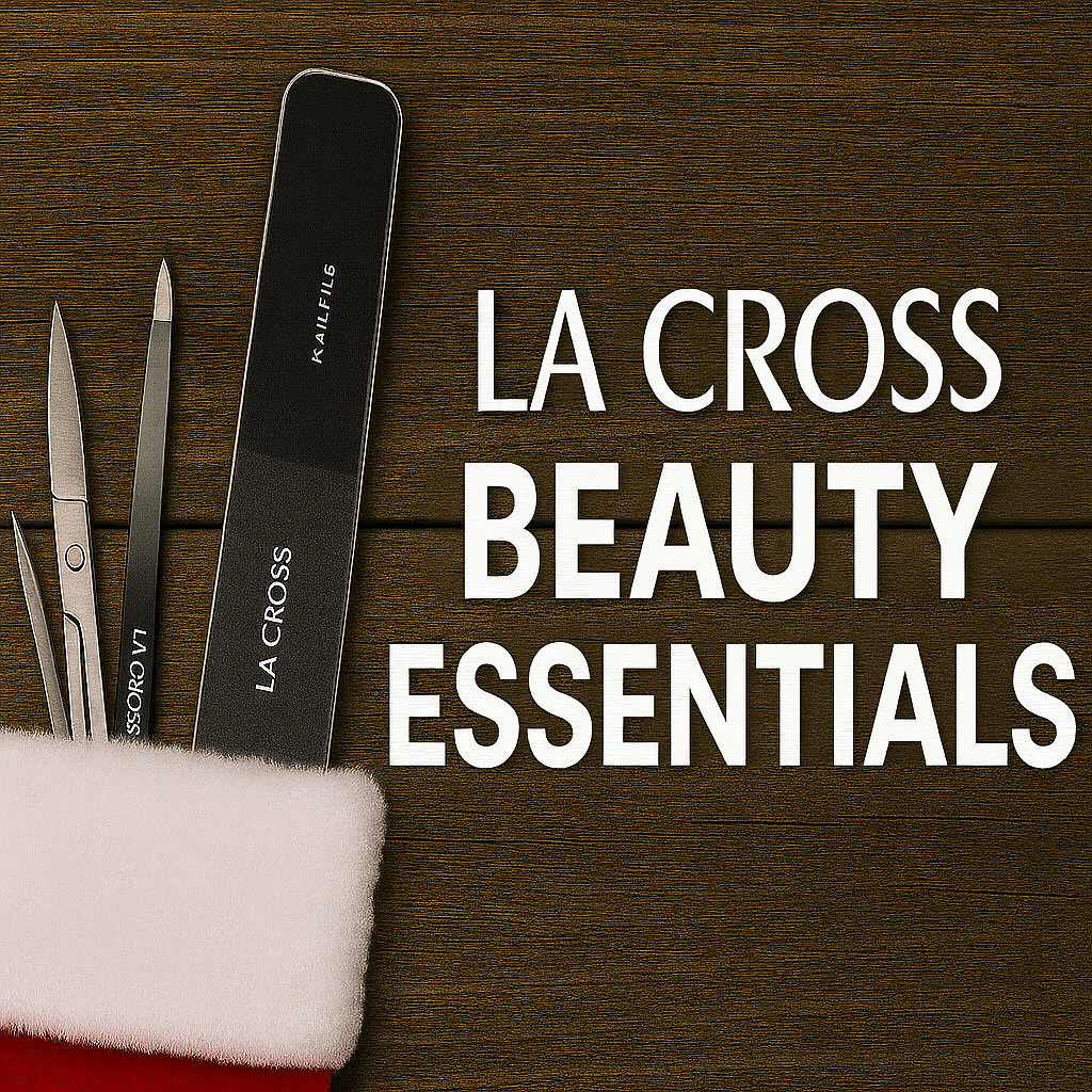 LA CROSS tweezers, nail file, and grooming scissors displayed in festive stocking