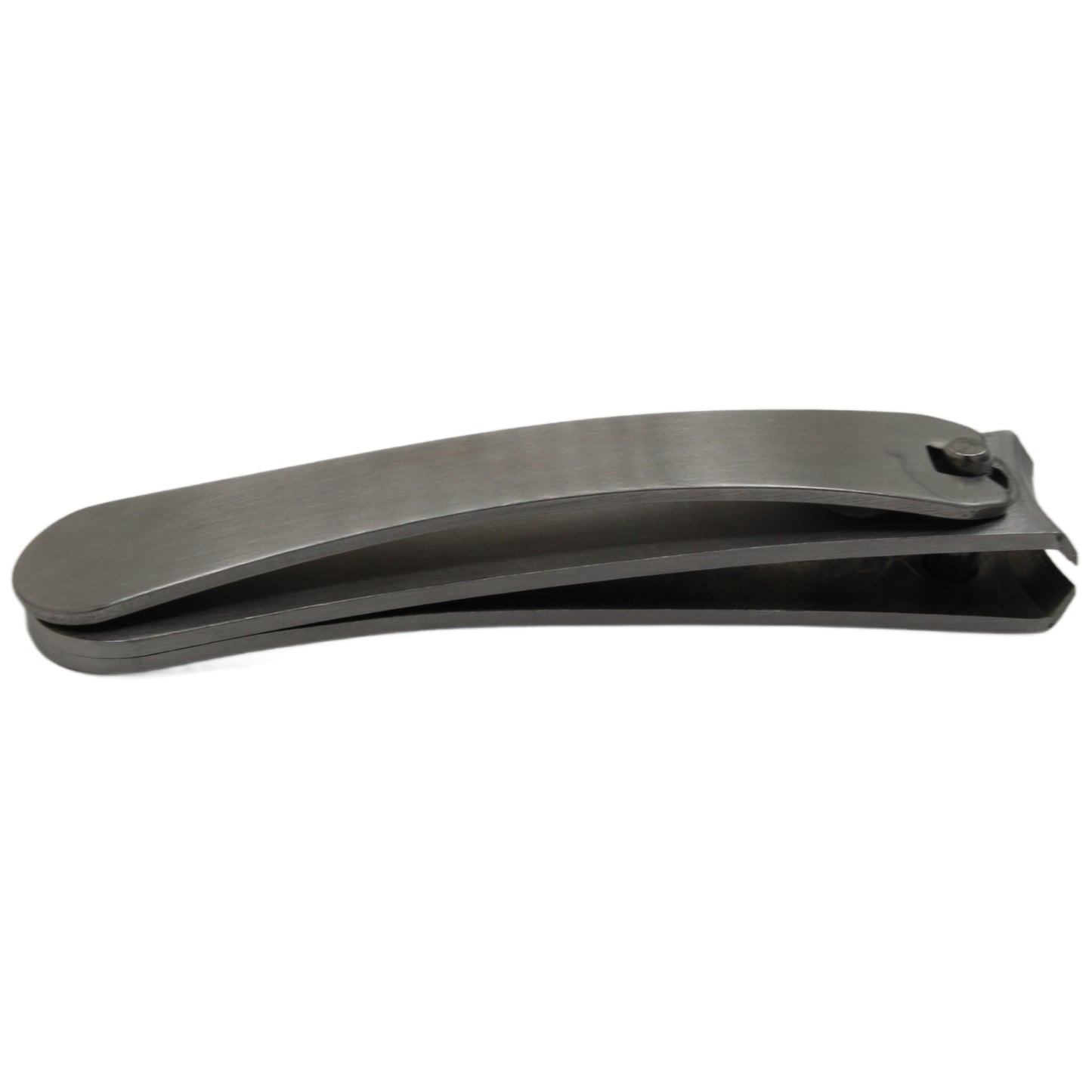 Angled other side view of closed La Cross Curved Toenail Clipper showing full length and blade curvature