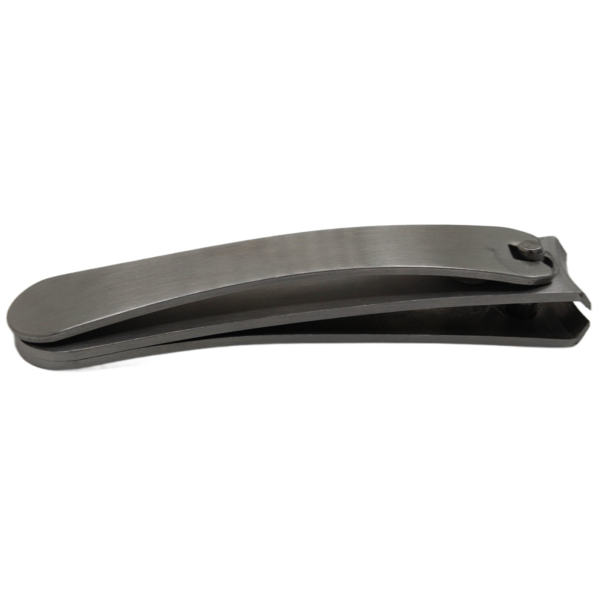 Angled other side view of closed La Cross Curved Toenail Clipper showing full length and blade curvature